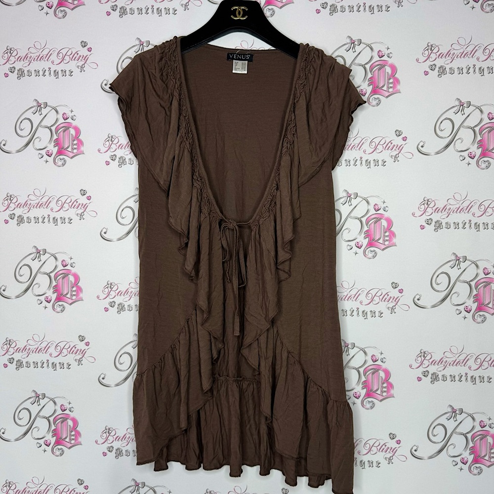 Venus cardigan tshirt style ruffle frilly tie up belted waist brown flowy comfy